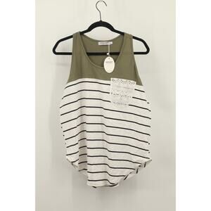 HOUNT Womens XXL Tank Top Olive Green White Black Stripe Lace Pocket Racerback